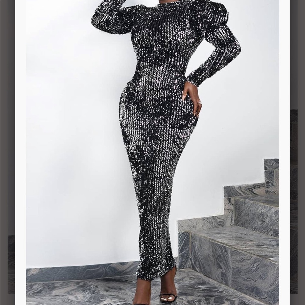 Sequin Puff Sleeve Maxi Dress